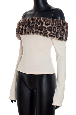 Off-Shoulder Faux Fur Trim Top