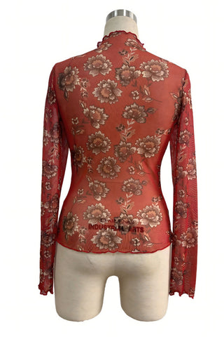 Sheer Floral Mock Neck Long Sleeve Blouse