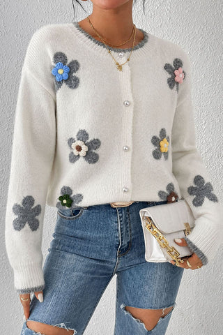 Floral Applique Button-Front Knit Cardigan