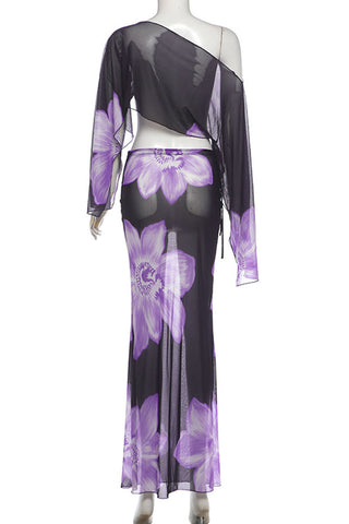 Sheer Floral Off-Shoulder Maxi Skirt Set