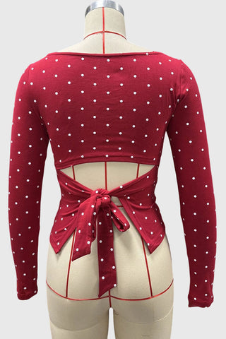 Polka Dot Long Sleeve Tie Back Blouse