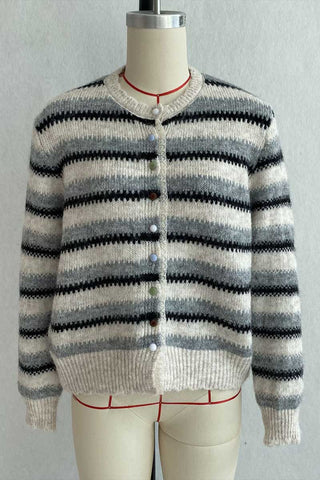 Striped Button Detail Crew Neck Knit Cardigan