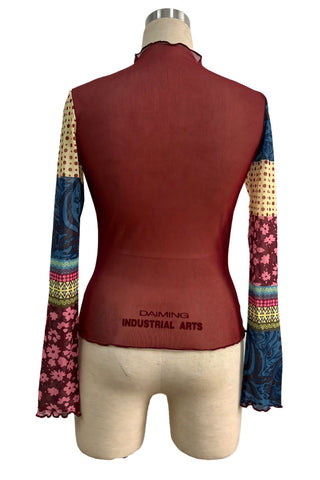 Sheer Mesh Floral Patchwork Mock Neck Top