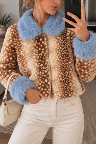 Faux Fur Collar Spot Print Button Jacket