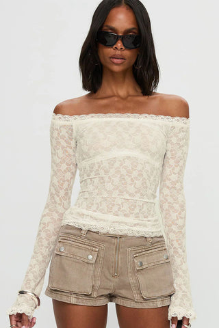 Off-Shoulder Lace Ruched Long Sleeve Top
