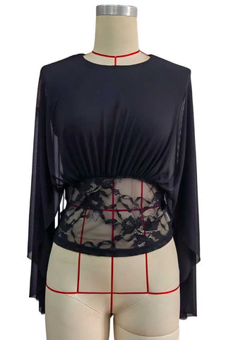Sheer Bell Sleeve Lace Waist Blouse