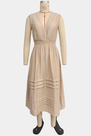 Pleated V-Neck Casual Dress