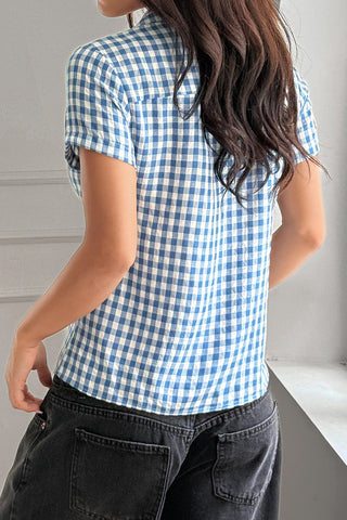 Button-Up Checkered Short Sleeve Top
