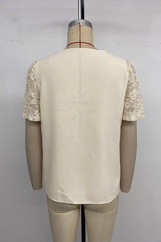 Scalloped V-Neck Lace Sleeve Blouse