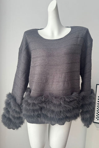 Fuzzy Cuff Boat Neck Stripe Knit Sweater