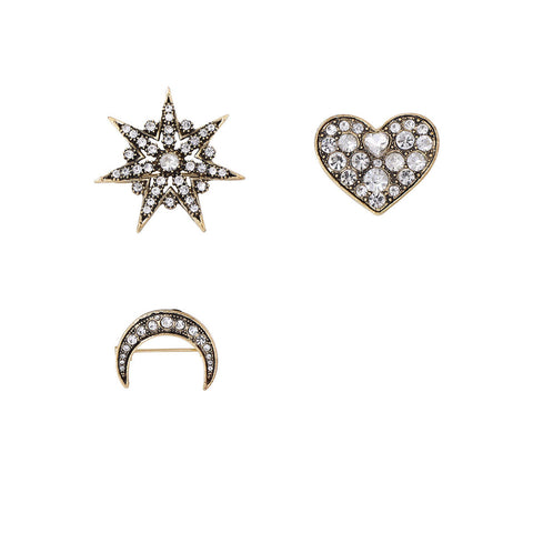 Crystal Star Moon Heart Brooch Set