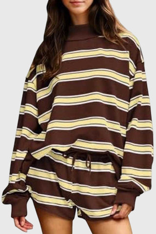 Striped Mock Neck Long Sleeve Short Set