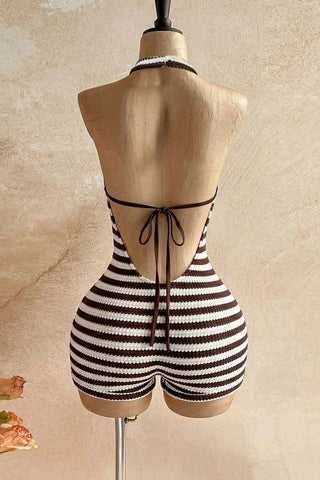 Striped Knit Halter Cutout Romper