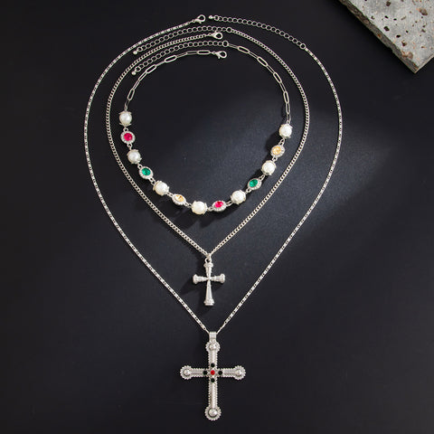 Layered Cross Heart Pendant Necklace