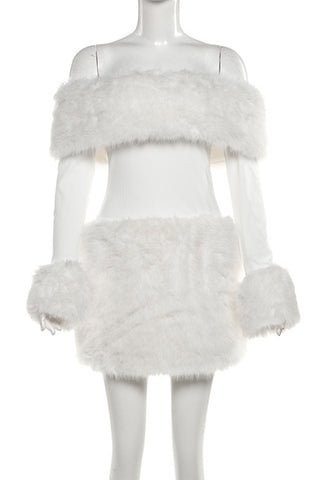 Off-Shoulder Casual Dress with Fur Trim