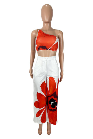 One-Shoulder Floral Pants Set