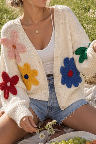 Floral Applique V-Neck Button-Front Cardigan