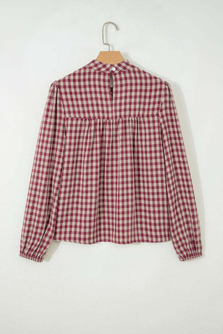 Plaid Mock Neck Puff Sleeve Blouse