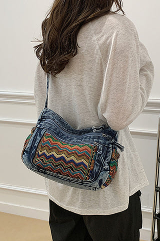 Tasselled Patchwork Drawstring Hobo Bag