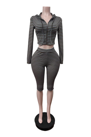 Striped Zip-Up Hoodie Crop Pants Set