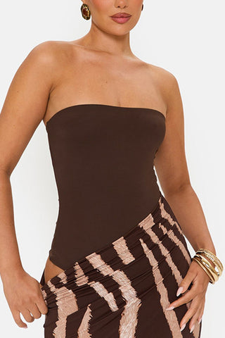 Strapless Ruched Waist Animal Print Maxi Dress