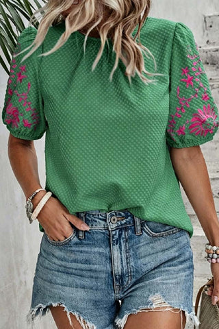 Patterned Puff-Sleeve Blouse