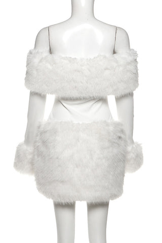 Off-Shoulder Casual Dress with Fur Trim