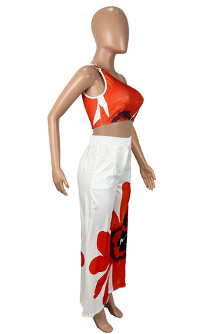 One-Shoulder Floral Pants Set