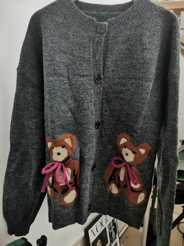 Bear-Pattern Button Cardigan