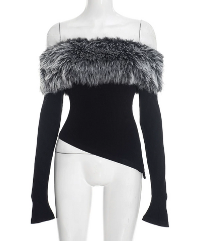 Off-Shoulder Fur Trim Blouse