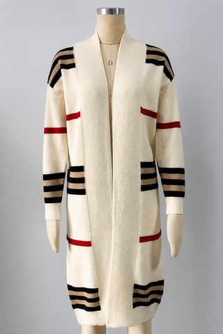 Striped Patchwork Open Front Long Cardigan