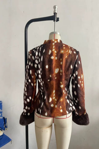 Spotted Faux Fur Cuff Long Sleeve Coat