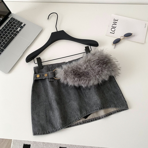 Button-Accent Fur Trim Mini Skirt