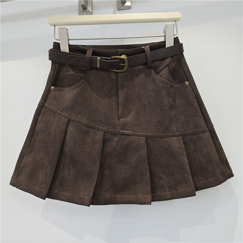 Belted Pleated Suede Mini Skirt