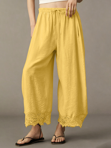 Lace-Trim Wide-Leg Casual Pants
