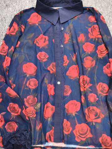 Sheer Floral Lace Trim Button-Front Blouse