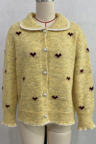 Heart Pattern Button-Front Knit Cardigan