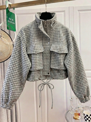 Houndstooth Zip-Up Crop Jacket