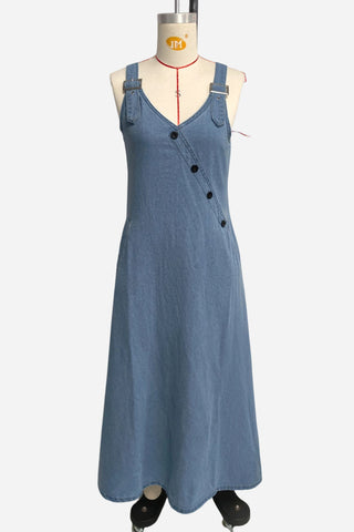 Button-Detail Denim Strap Maxi Dress