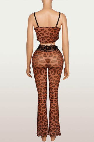 Sheer Lace Trim Animal Print Pants Set