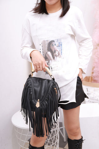 Fringed Crossbody Bag with Metal Studs