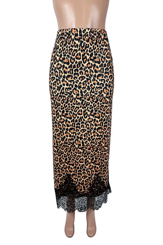 Leopard Print Lace Hem Midi Skirt