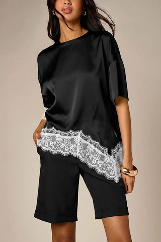 Satin Crew Neck Lace Trim T-Shirt