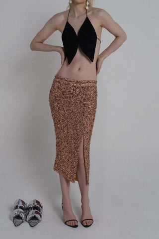 Sequin High-Waist Slit Midi Skirt
