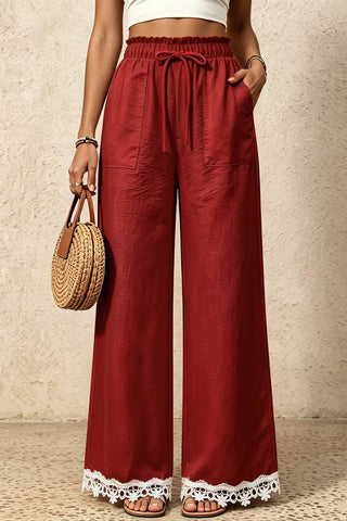 Ruffle Waist Lace-Trim Wide-Leg Pants