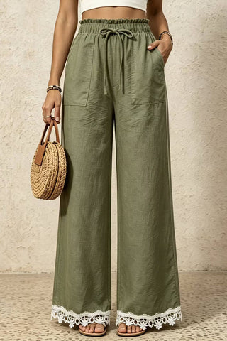 Ruffle Waist Lace-Trim Wide-Leg Pants