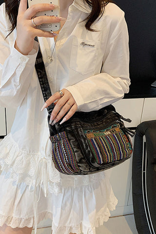 Tasselled Patchwork Drawstring Hobo Bag