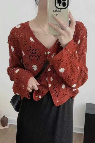 Crochet Polka Dot V-Neck Cardigan