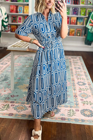 Patterned Button-Front Smocked Midi Dress