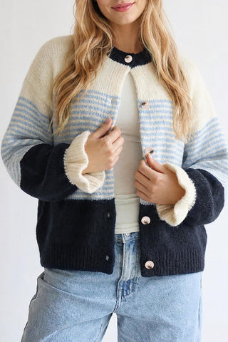 Striped Button-Front Ruffle Cuff Cardigan